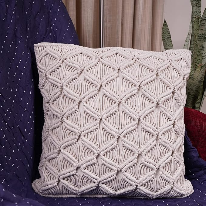 Macrame Cotton Cushion With Cover 16 x 16 inches - Leechoo